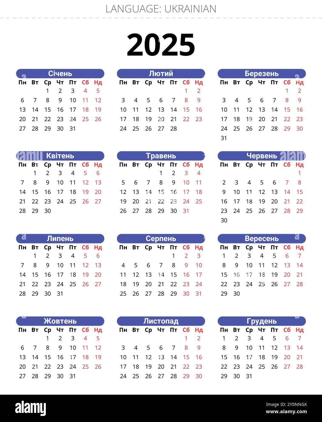 2025 year ukrainian calendar for Ukraine. Modern vector template illustration Stock Vector Image