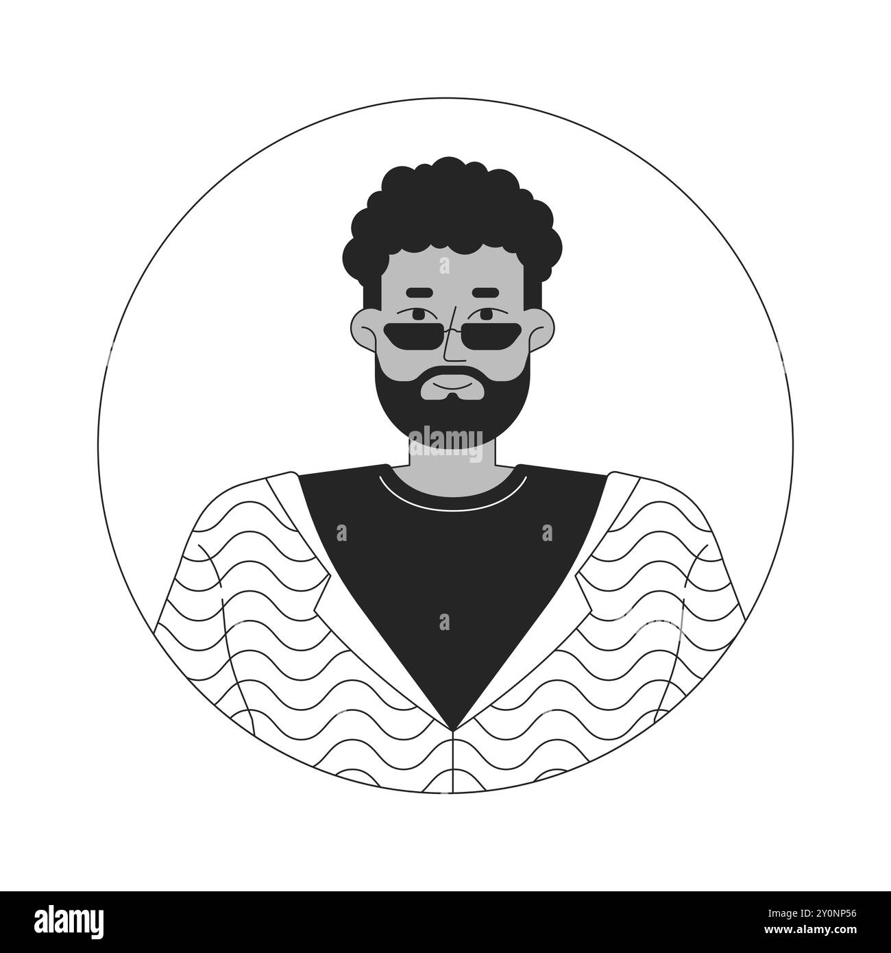 Stylish black man with beard and sunglasses black and white 2D vector ...