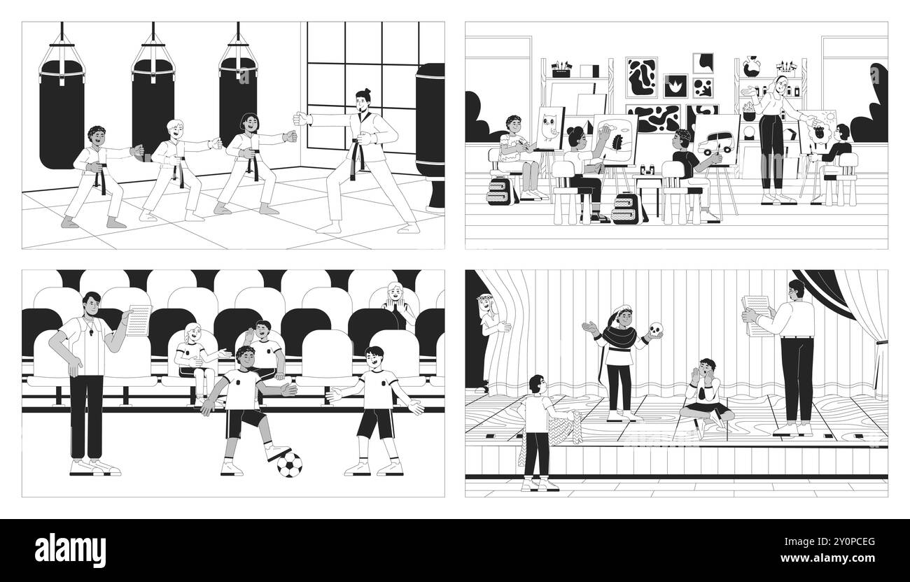 Classes middle school schoolkids black and white line illustrations set ...