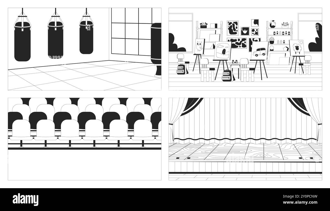 Empty school rooms black and white line illustrations set Stock Vector ...
