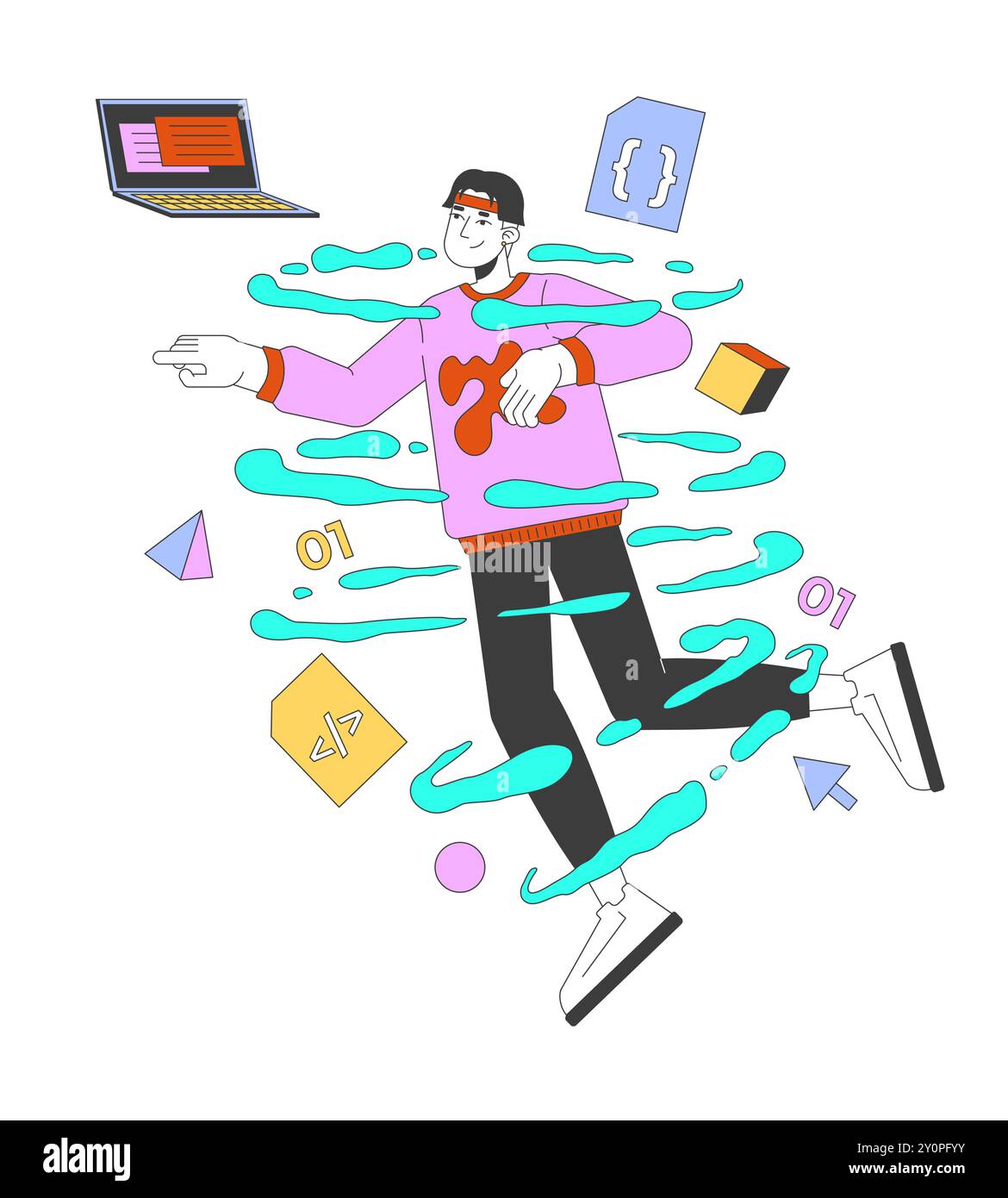 Asian man web developer in coding whirlpool 2D illustration concept Stock Vector