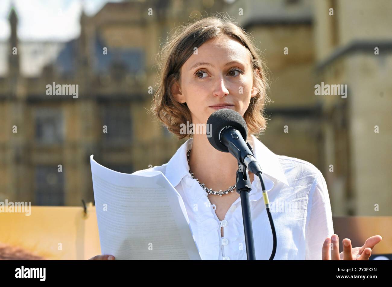 London, UK. 3rd Sep, 2024. Speaker Dr Alice Brough against the UK ...