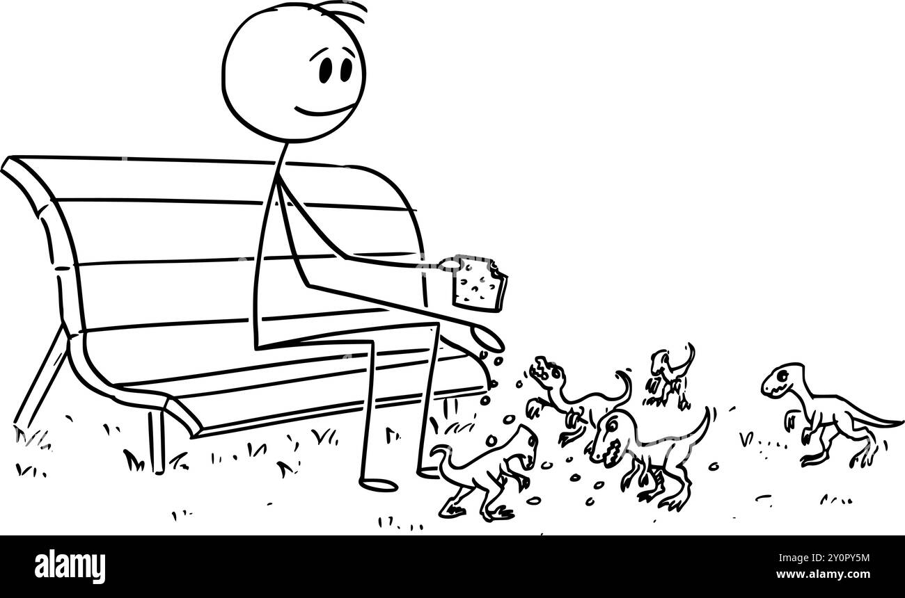 Person on park bench feeding dinosaurs as birds, vector cartoon stick figure or character illustration. Stock Vector