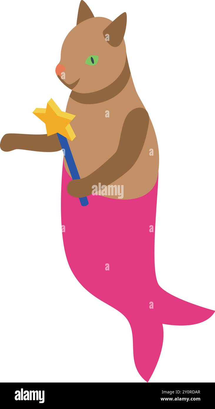 Adorable brown cat mermaid with pink tail holding magic wand isometric icon isolated on white background Stock Vector