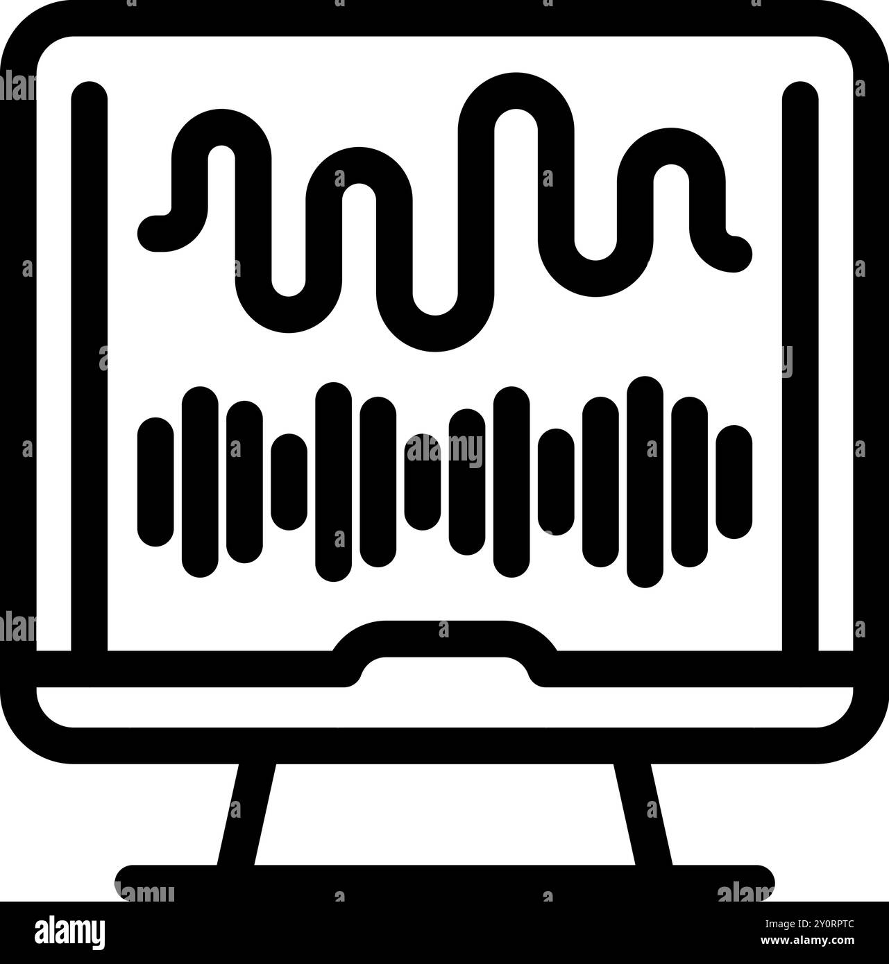 Simple bold line icon of a computer monitor displaying a sound waveform Stock Vector