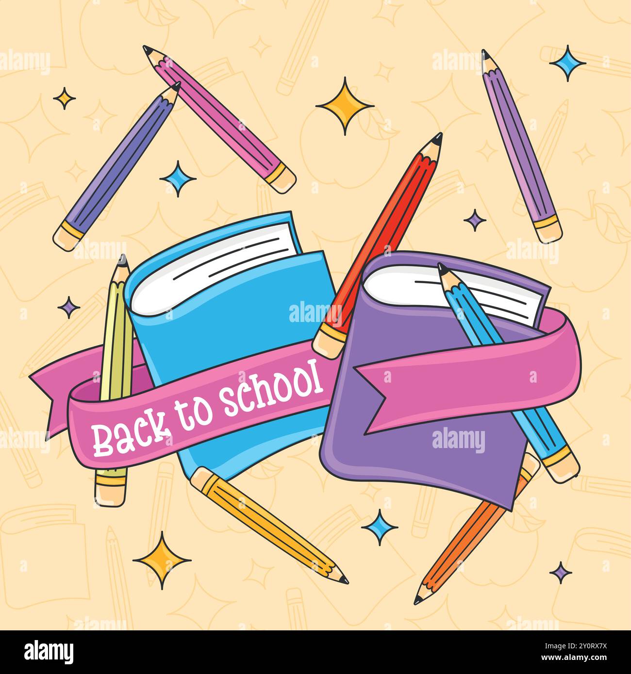 Books and pencils with pink back to school ribbon Vector Stock Vector ...