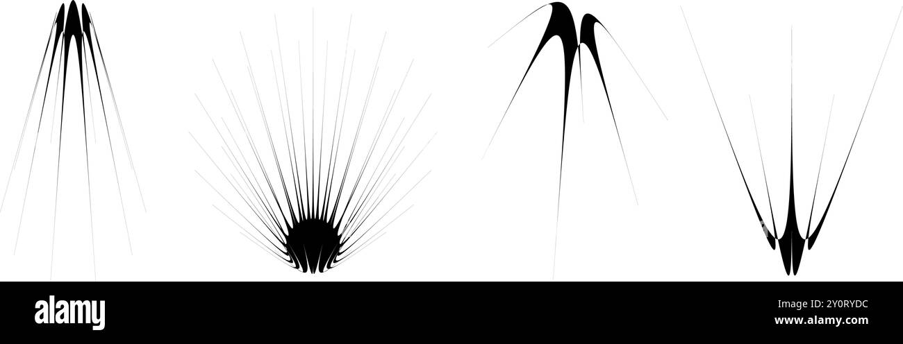 Black thin spiky element set. Abstract sharp thorn shapes and angular twinkles bundle. Futuristic spoke objects for poster design, collage, banner, badge, logo, card, icon, label, sticker. Vector Stock Vector