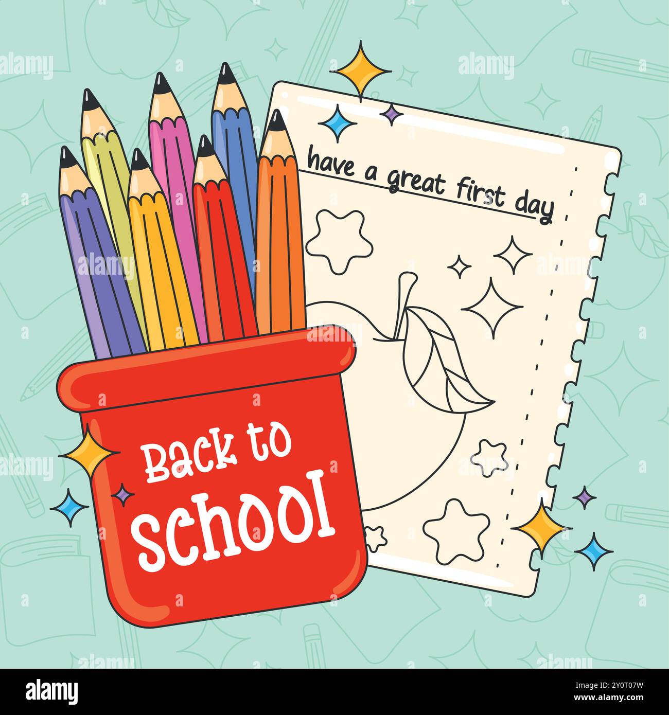 Back to school colored pencils in red container and note Vector Stock ...
