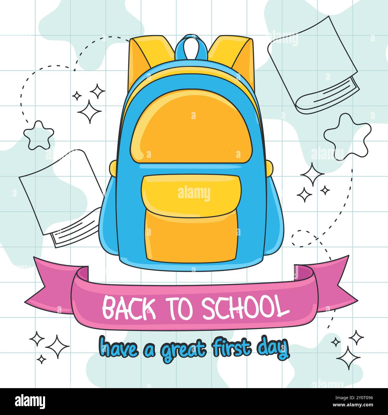 Back to school backpack with pink banner on grid background Vector ...