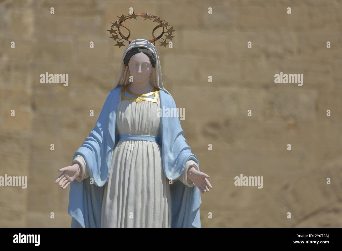 White statue of the Virgin Mary with crown and halo, detail, St-Sauveur church, Fos-sur-Mer, Provence, Bouches-du-Rhone, Provence, France, Europe Stock Photo