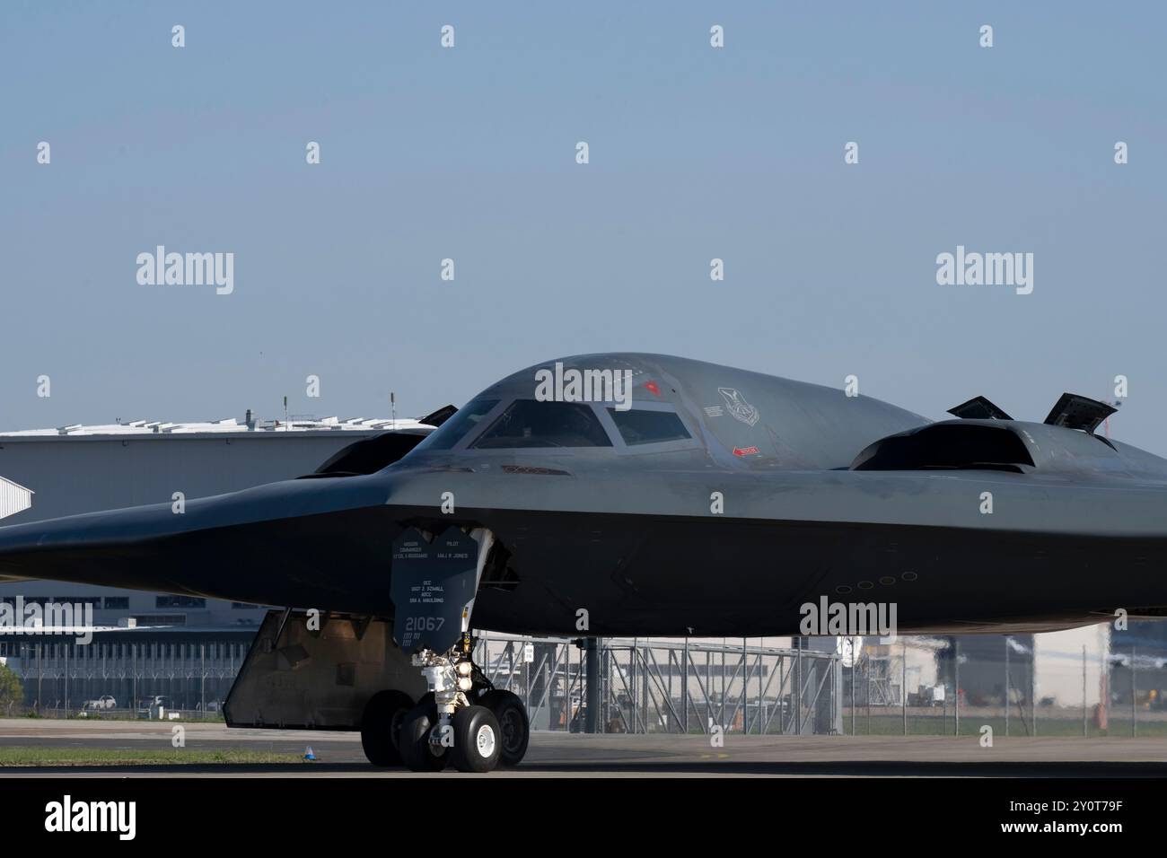 A U.S. B-2 Spirit stealth bombers taxi to conduct a Bomber Task Force mission at Royal Australian Air Force Base Amberley, Australia, Aug. 28, 2024. The U.S. routinely and visibly demonstrates commitment to allies and partners through the global employment of military forces. (U.S. Air Force photo by Tech. Sgt. Anthony Hetlage) Stock Photo