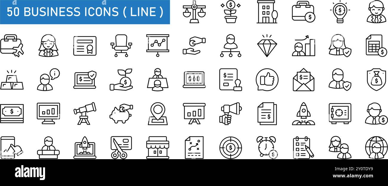 Business line icon set. balance, business, certificate, chair, male ...