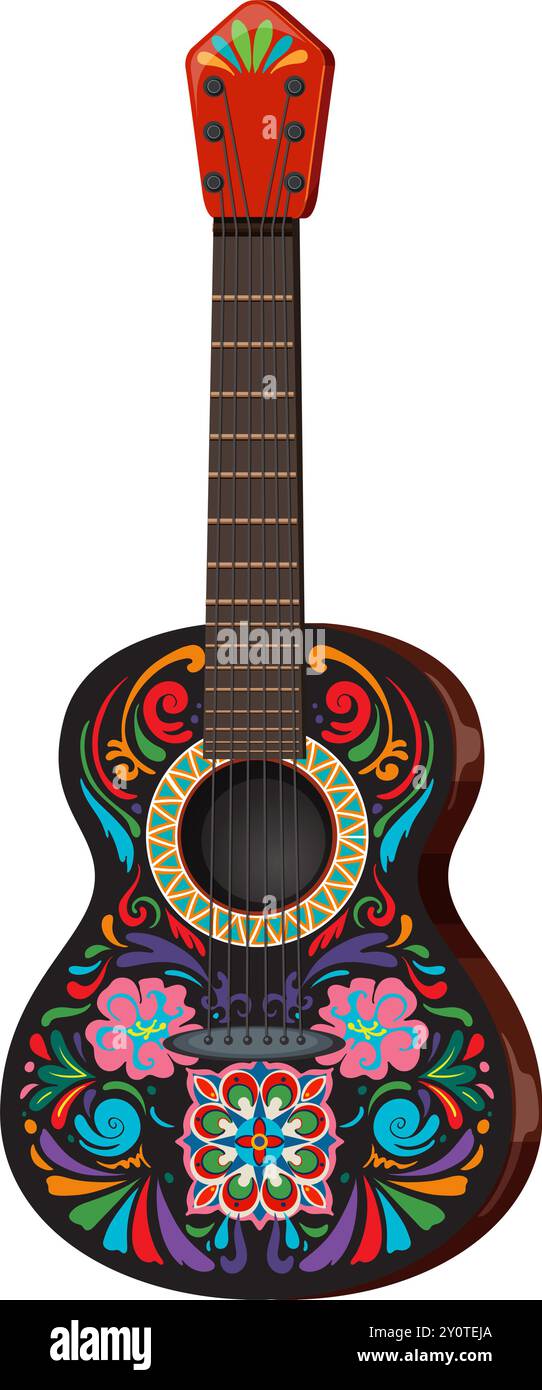 Vibrant guitar with traditional Mexican designs Stock Vector