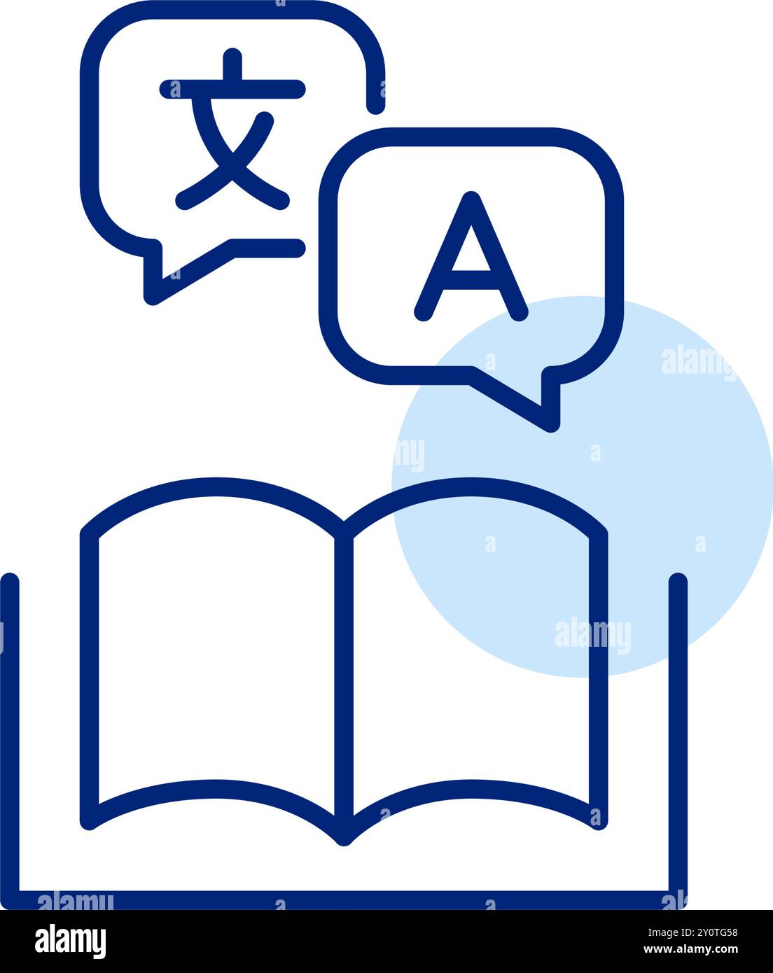 Open book with speech bubbles in different languages. Dictionary, study and global communication. Pixel perfect, editable stroke icon Stock Vector