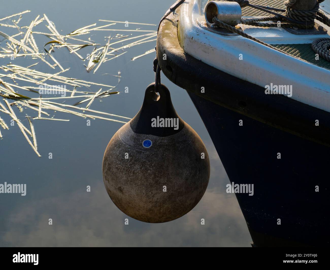 Pleasure boat bow, buoys and reeds on the Thames by Radley Boathouse ...