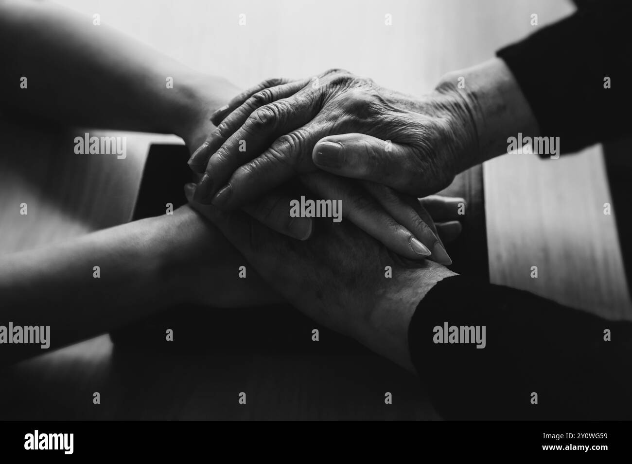 A Christian grandmother's hand resting on a Bible in a church, comforting, blessing and praying Stock Photo