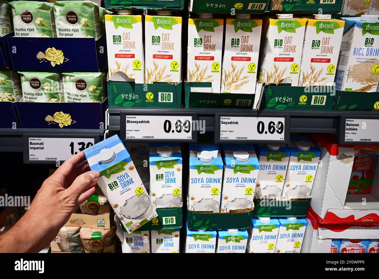 Vegan plant-based milks in a store Stock Photo