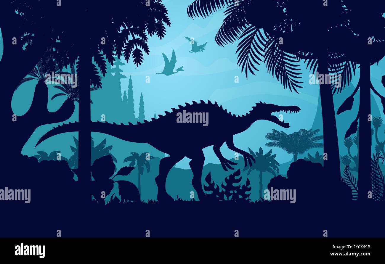 Spinosaurus dinosaur silhouette in mist jungle at night, prehistoric ...