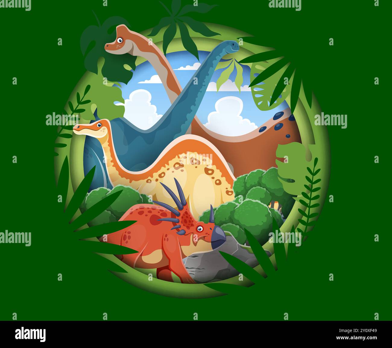 Prehistoric cartoon dinosaurs in paper cut banner of Jurassic park ...