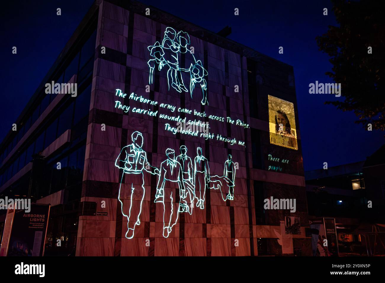 August 29th, Arnhem. Because September 2024 marks the 80th anniversary of the Battle of Arnhem, every day, at dusk, special projections illuminate buildings in the city center. The Battle of Arnhem was fought during Operation Market Garden, the largest airborne assault in history and one of the most ambitious Allied operations of the Second World War. Stock Photo