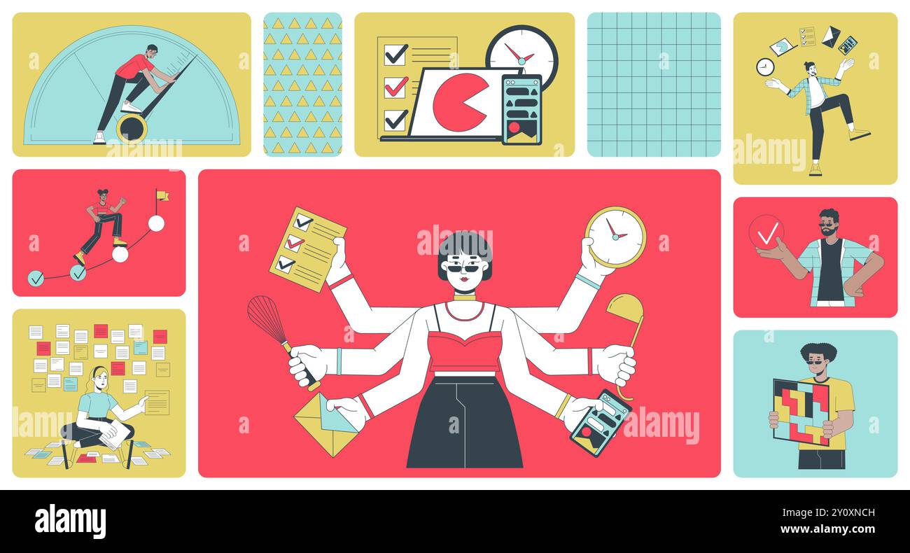 Productivity people bento grid illustration set Stock Vector