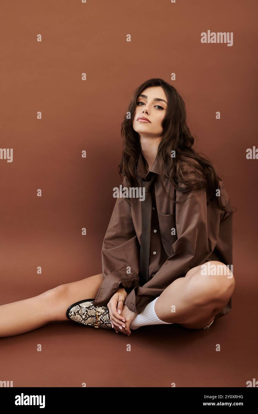 A young woman models a chic autumn outfit in a cozy studio, exuding effortless elegance and seasonal charm. Stock Photo