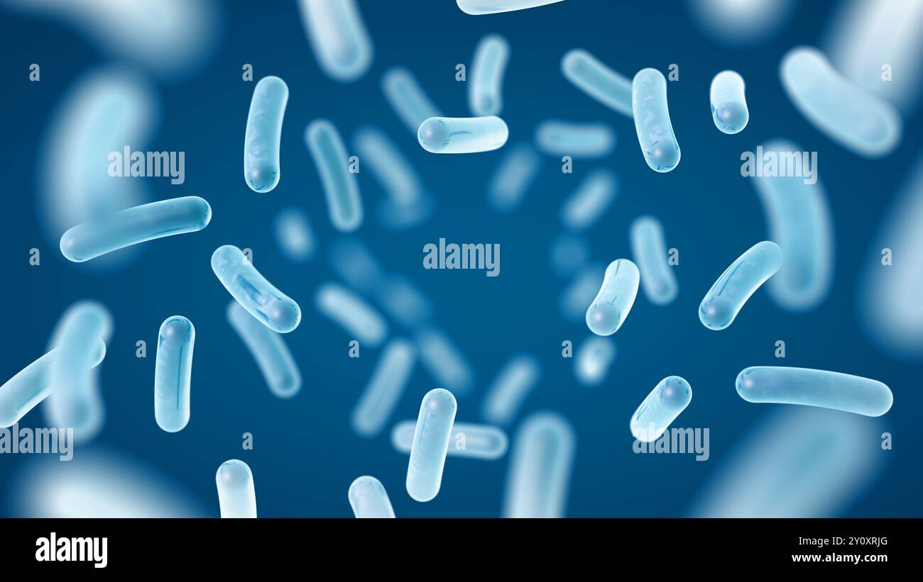 Probiotics. Restoring the gut flora. Blue color. Lactobacillus. 3d illustration. Stock Photo