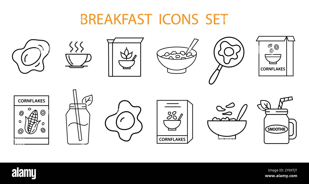Healthy Breakfast vector line icons set egg flakes Stock Vector