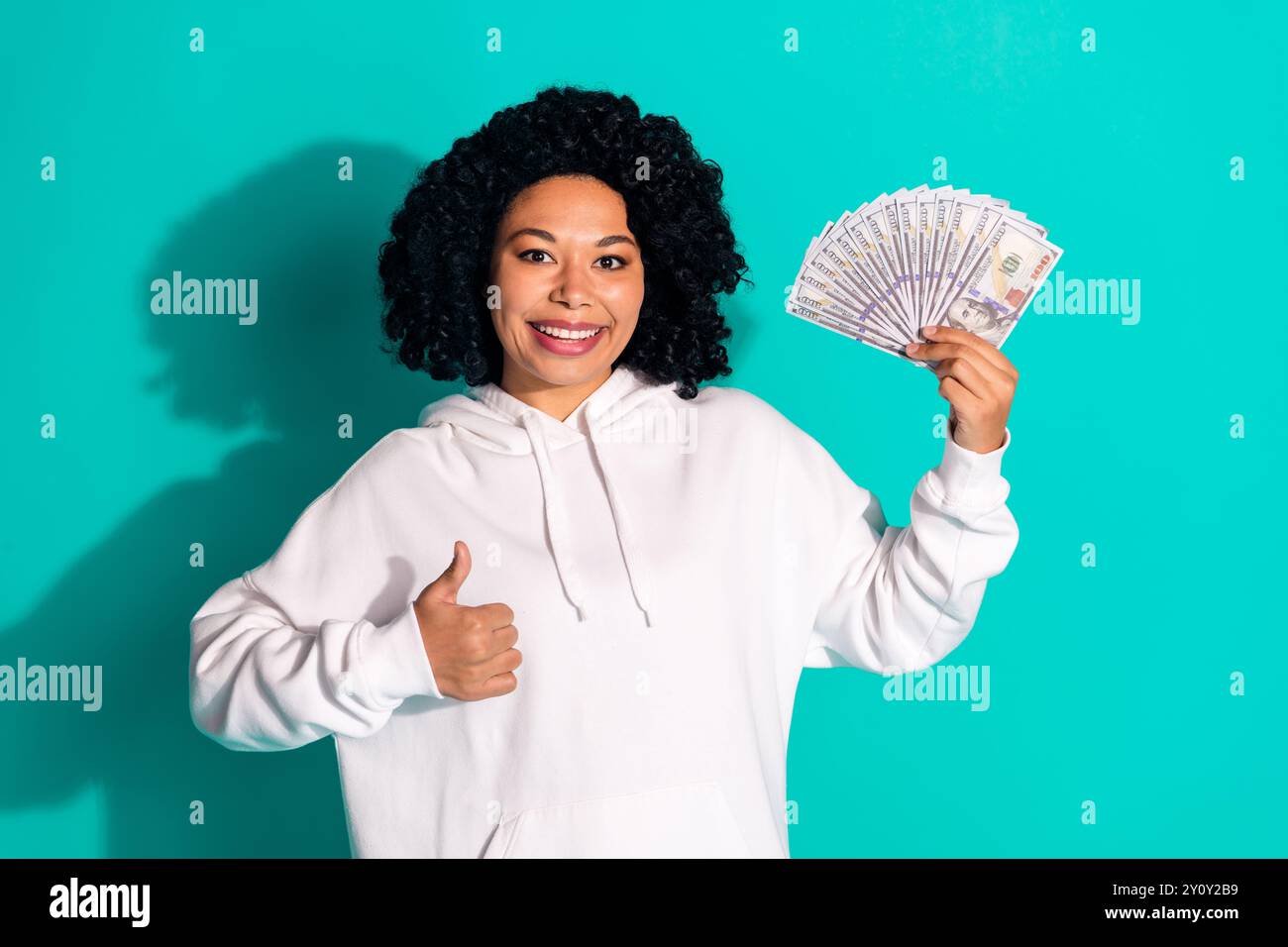 Photo of young successful business lady startup owner show thumb up ...