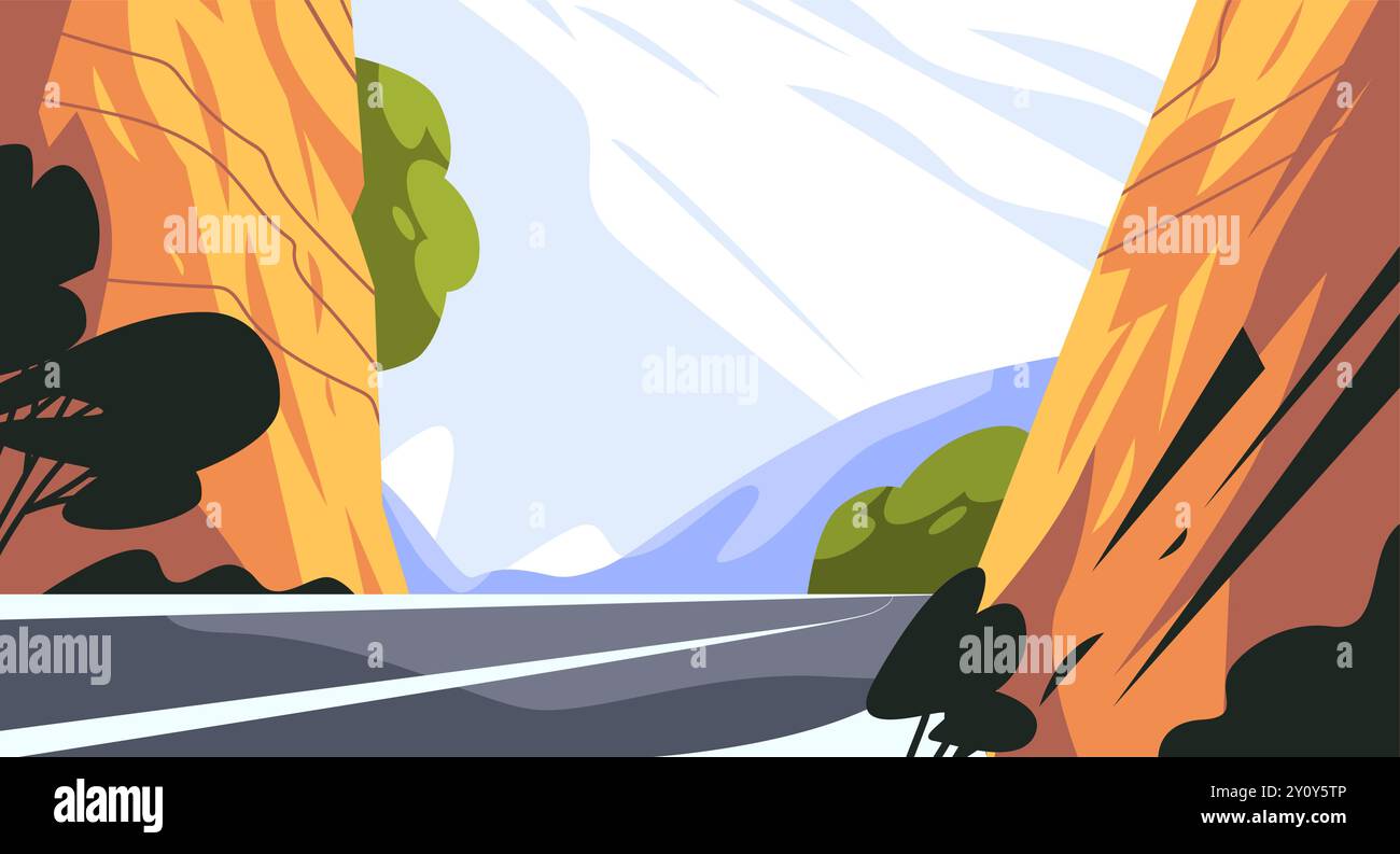 Mountain road between cliffs and trees with blue sky and clouds landscape Stock Vector