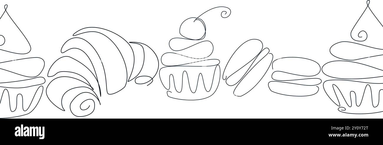Bakery products in continuous line art drawing style. Black line sketch on white background. Vector illustration Stock Vector