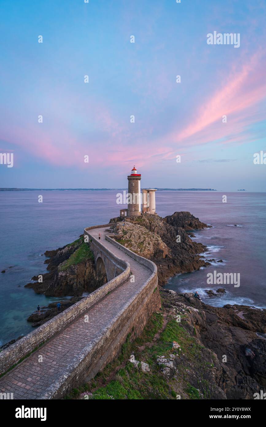 Petit Minou lighthouse and its headland, aerial view at sunset Stock Photo