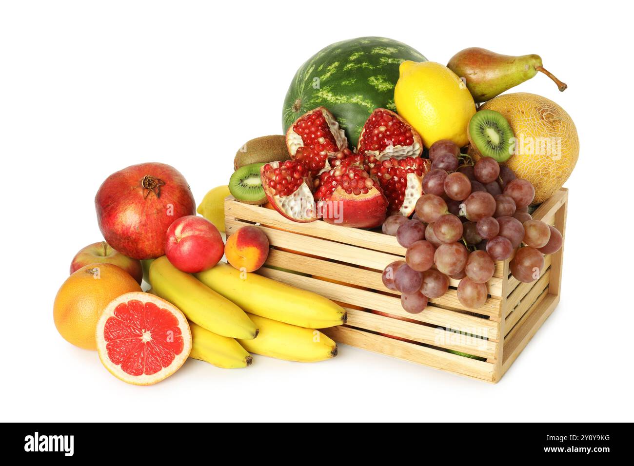 Clutter Fruits Wooden crate with many different fresh fruits isolated on white Stock ...