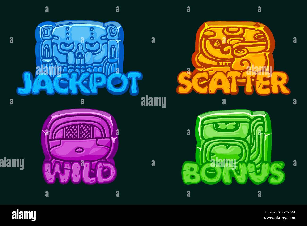 Maya civilization- Akbal, face, Mayan Glyph, hieroglyphs . Symbols Wild, Scatter, Bonus and Jackpot for your slots games Stock Vector