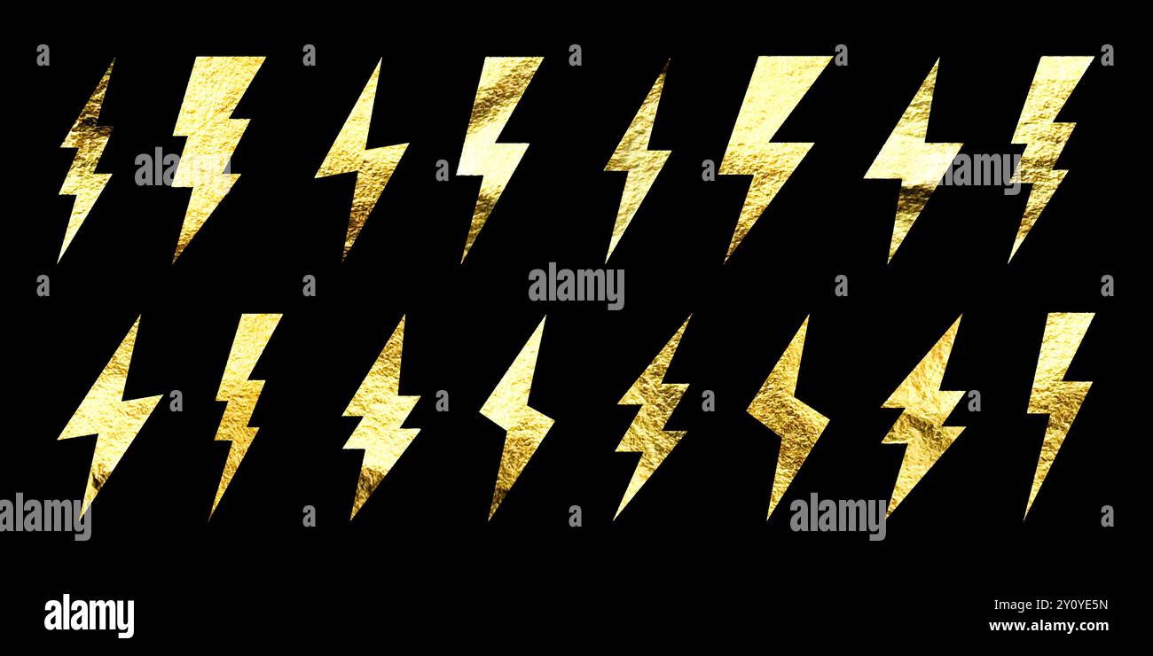 Golden lightning bolt icons collection. Gold foil texture. Flash symbol ...
