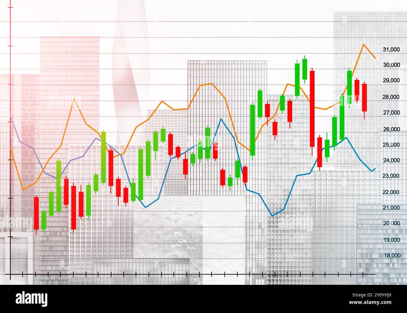 Abstract forex table in front of business district illustration. Modern ...