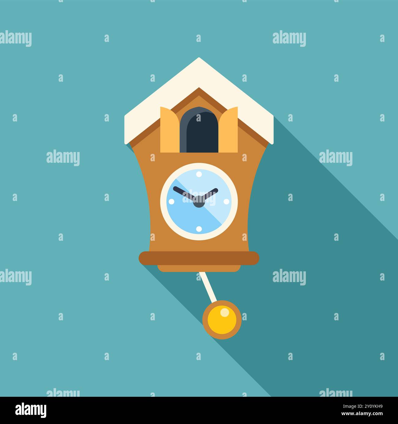 Cuckoo clock showing five o'clock with long shadow on turquoise background Stock Vector