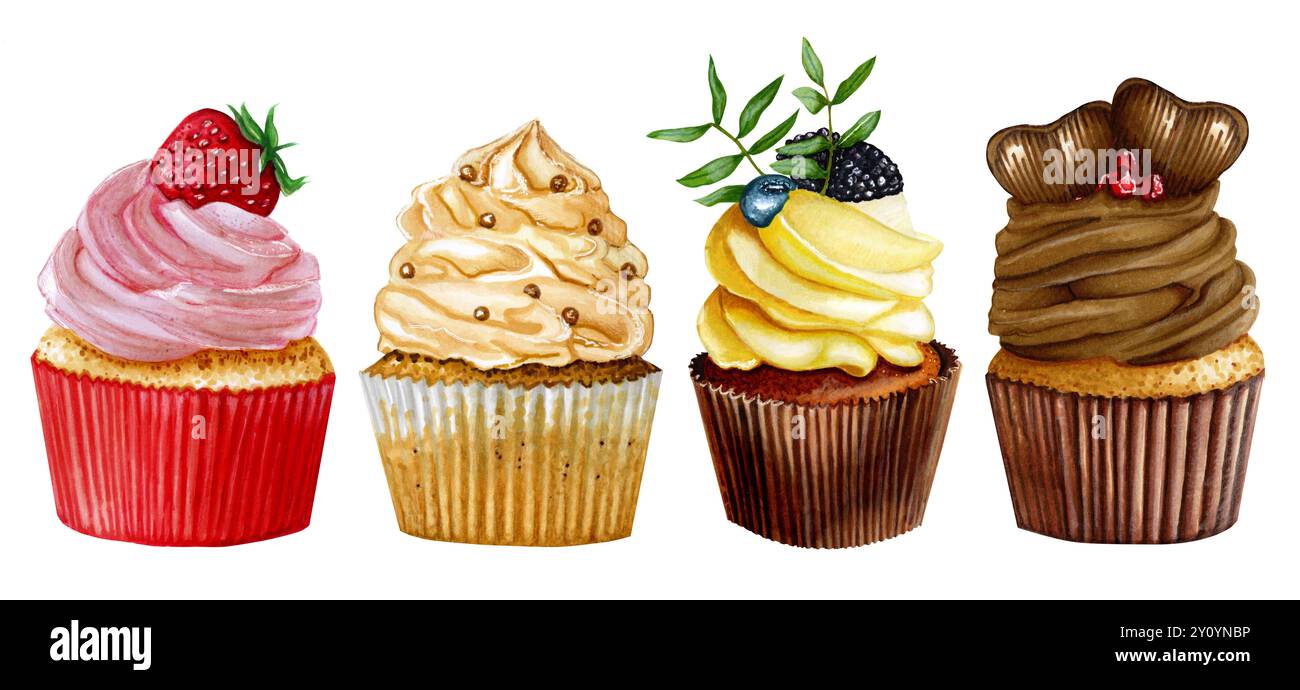 Set of watercolor cupcakes isolated on white background. Hand drawn ...