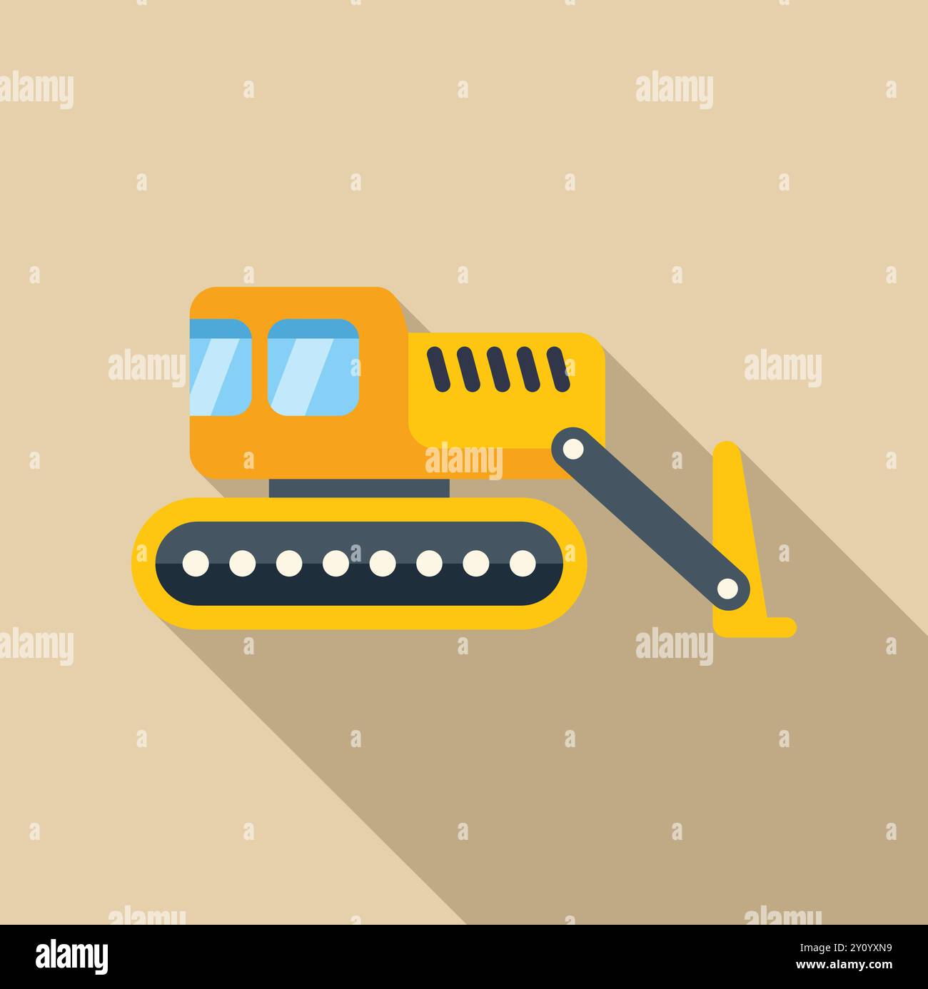 Yellow excavator digging with long shadow flat design icon on a beige background Stock Vector