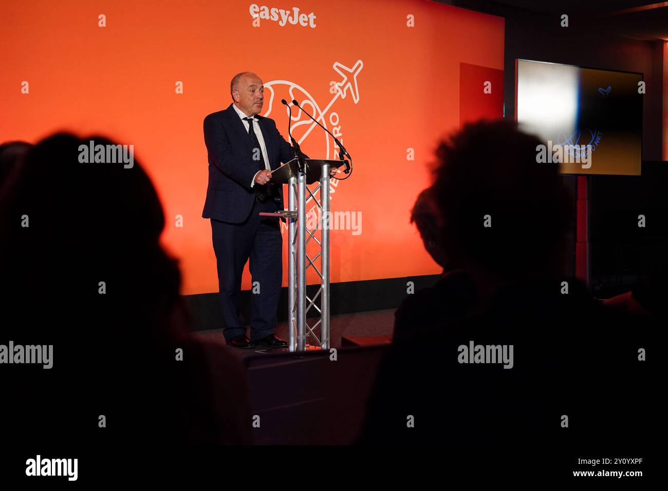 Parliamentary under-secretary of state for transport, Mike Kane MP, speaks during a sustainability event at the AIRC Building, Cranfield University, in Bedford. Picture date: Wednesday September 4, 2024. Stock Photo