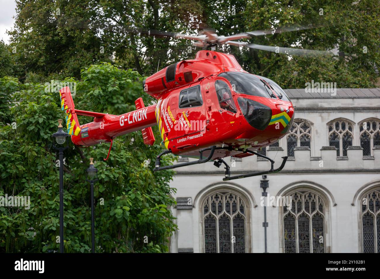 London, UK. 4th Sep, 2024. A road accident between a lorry and a cyclist outside the House of Commons and immediately following the entrance to the Commons of Kier Starmer, Prime Minister, sparked a major emergency services response including about fifty police officers, multiple emergency services vehicles and the London Air Ambulance landing on Parliament Square. Credit: Ian Davidson/Alamy Live News Stock Photo