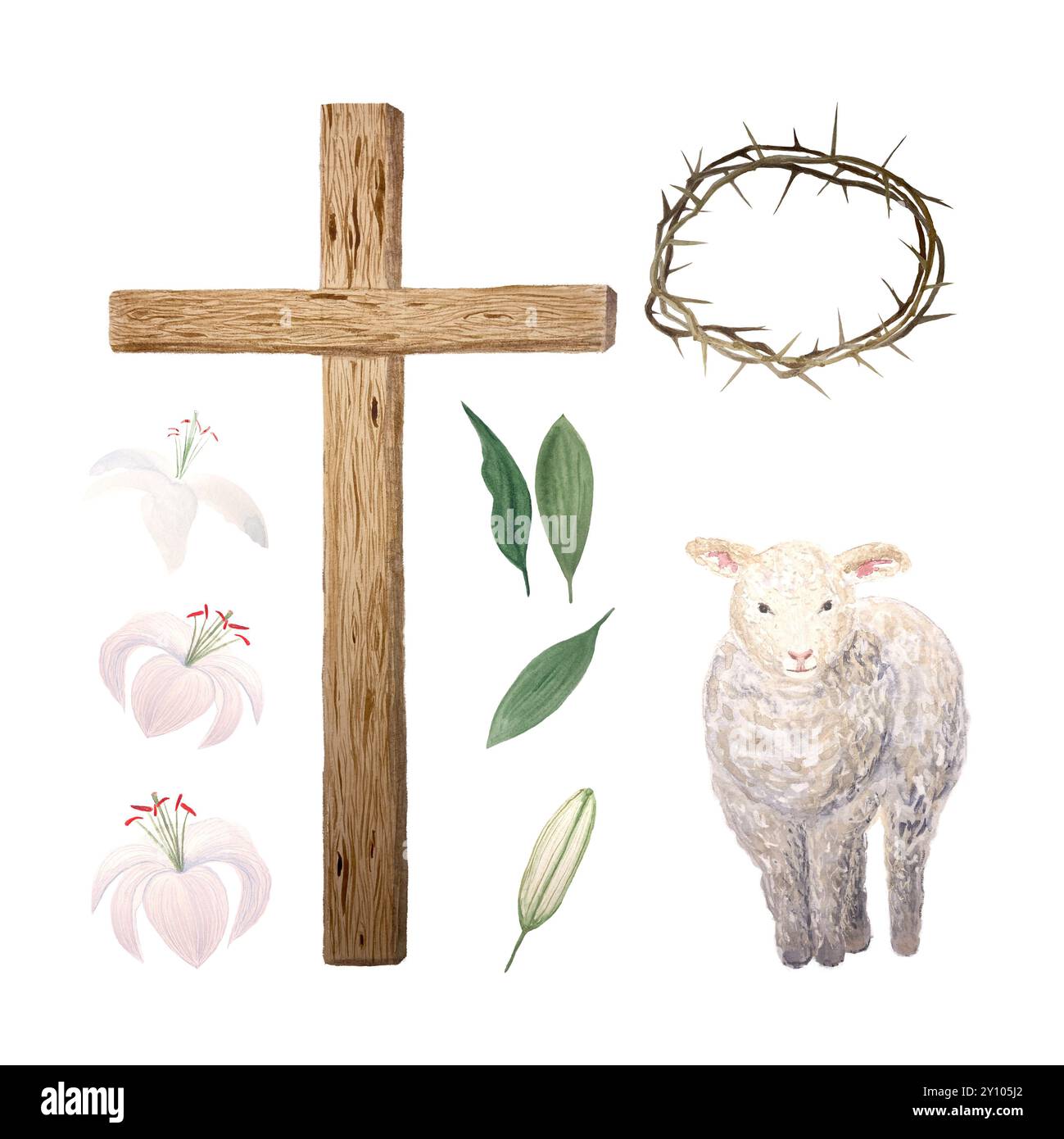 Wooden cross, lamb, crown of thorns, lily watercolor set isolated on white. Illustration perfect for cards, stickers, Easter, Passover, Holy Thursday Stock Photo