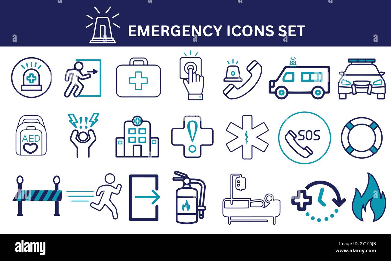 Emergency icon set. Ambulance, first aid, alarm button, police, panic attack, lifebuoy, vector illustration. Stock Vector