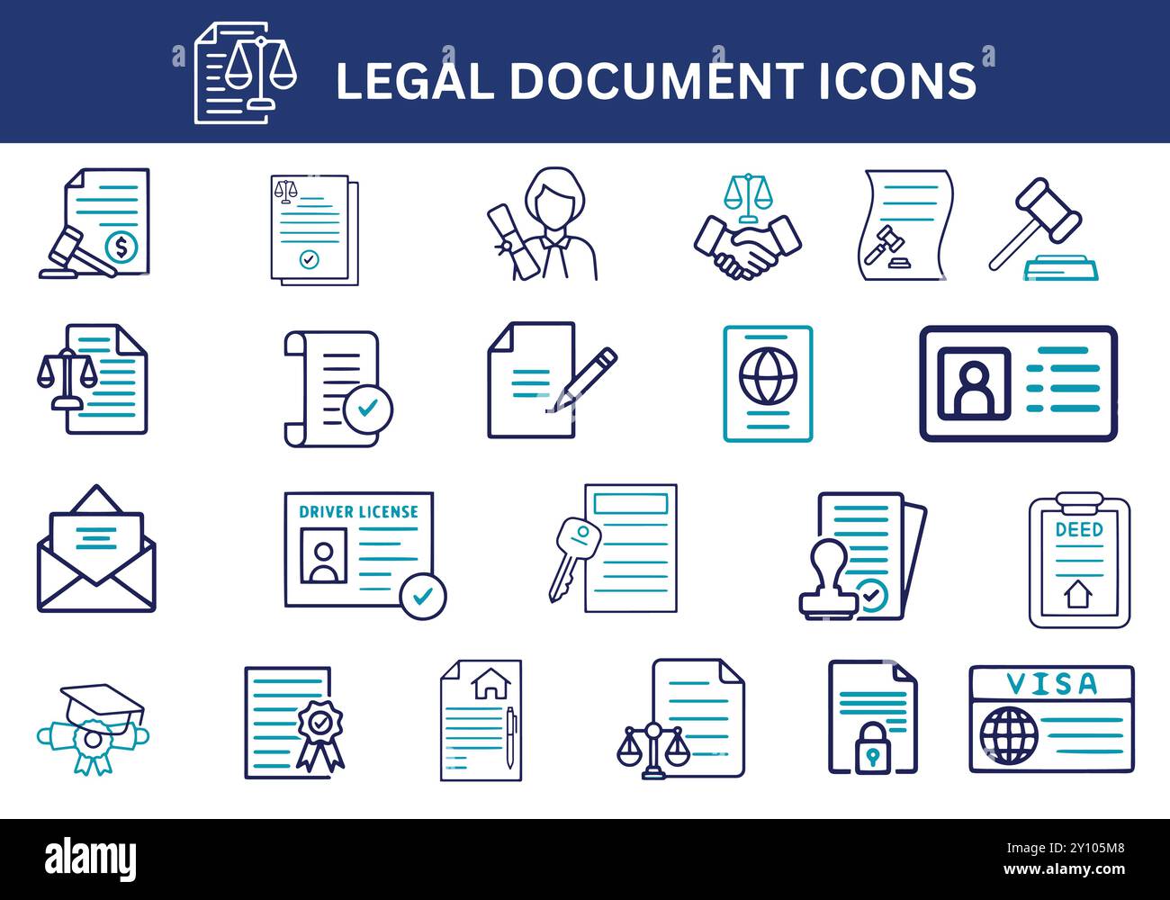 Legal Document Icon Collection. Agreement, contract, driving license ...