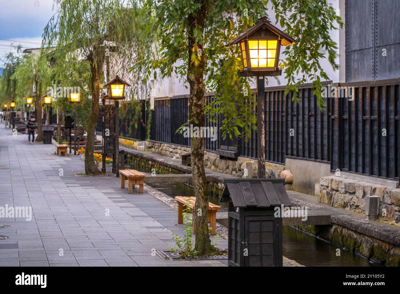 Hida, Gifu, Japan on Shirakabe Dozogai Street at twilight. Stock Photo
