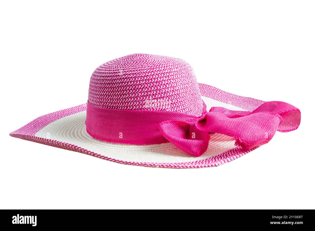 Beautiful straw hat with pink ribbon and circular white stripe at the end, beach hat, women's accessories, side view, clipping path on white Stock Photo