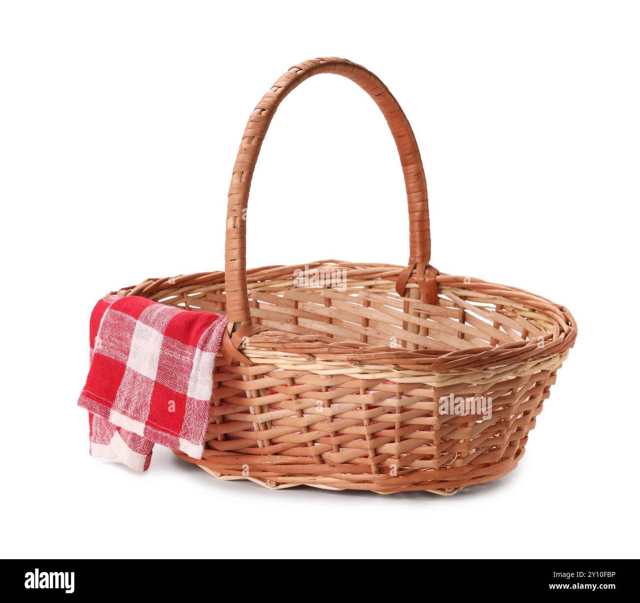 One picnic wicker basket with checkered napkin isolated on white Stock ...
