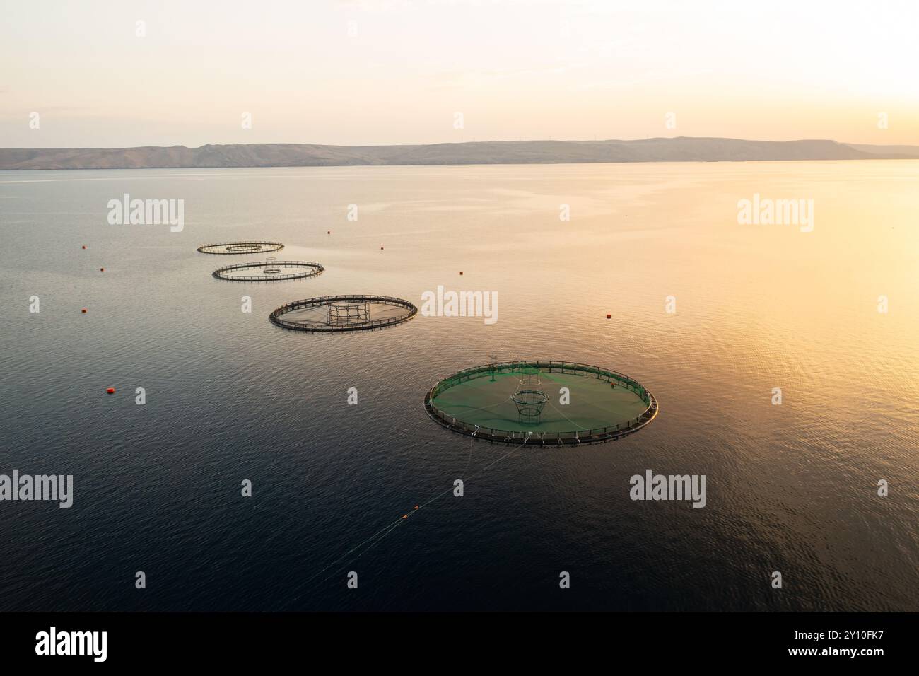 Sunset view of circular fish farming structures on the tranquil water ...