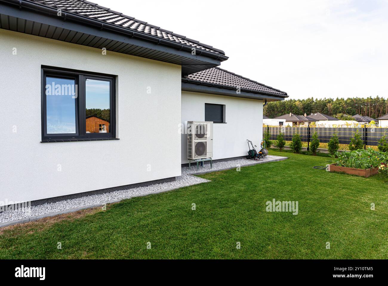 Two efficient outdoor heat pump units placed in front of the house. Stock Photo