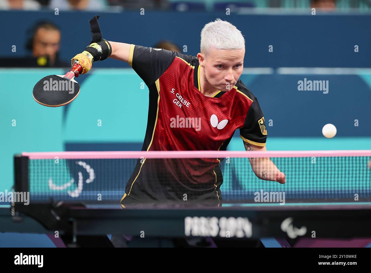 Paris, Paris, France. 4th Sep, 2024. PARIS, FRANCE - SEPTEMBER 4: Stephanie Grebe of Germany, Startclass WS6, in action, returns with backhand in her Match vs Mailak Alieva (NPA) during the Para Table Tennis Competition during the opening ceremony of the Paris 2024 Summer Paralympic Games at the South Paris Arena on September 4, 2024 in Paris, France. (Credit Image: © Mathias Schulz/ZUMA Press Wire) EDITORIAL USAGE ONLY! Not for Commercial USAGE! Credit: ZUMA Press, Inc./Alamy Live News Stock Photo